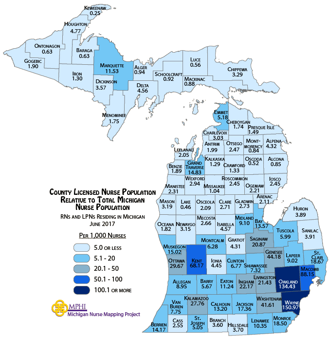 map depicting Michigan's nurse population by county relative to total nurse population in 2016